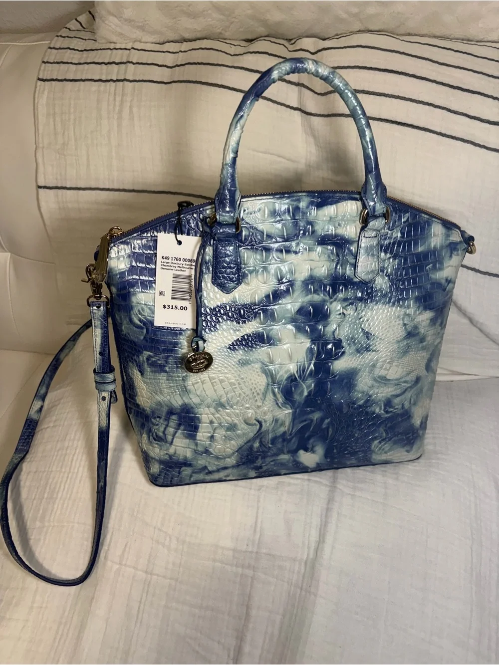 Brahmin Large Duxbury Satchel Marbled Blue Melbourne Leather Croco Embossed NWT